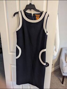 Tory Burch Navy and White Sleeveless Midi Shift Dress